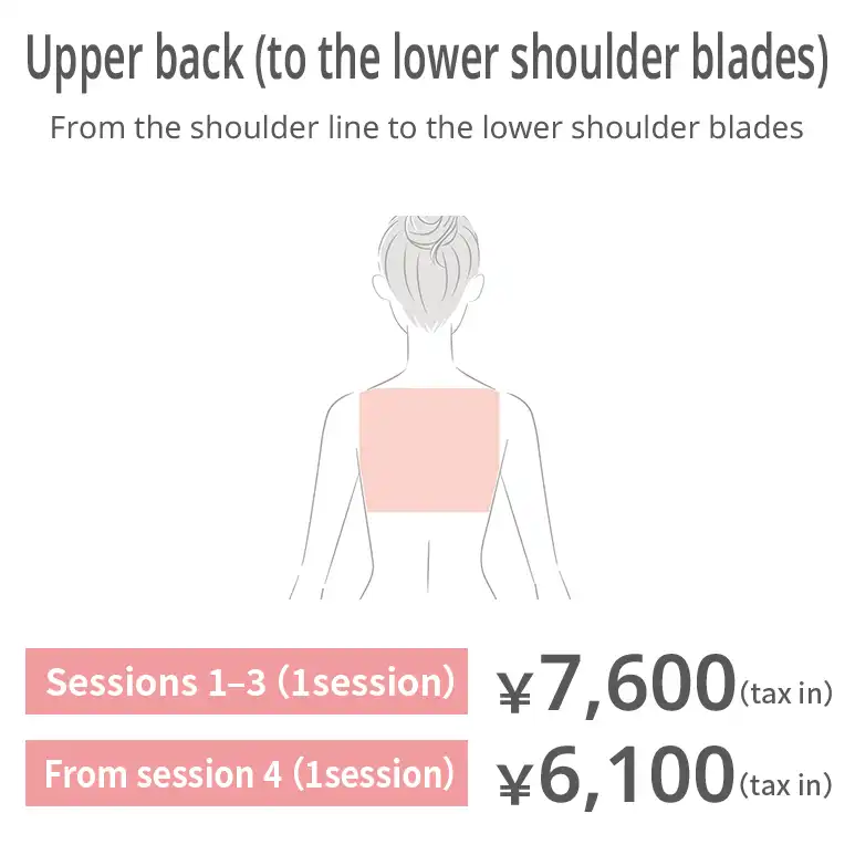 Upper back. From the line connecting the shoulders to the bottom of the shoulder blades. Sessions 1–3: JPY 7,600 per session (tax included) From session 4: JPY 6,100 per session (tax included)