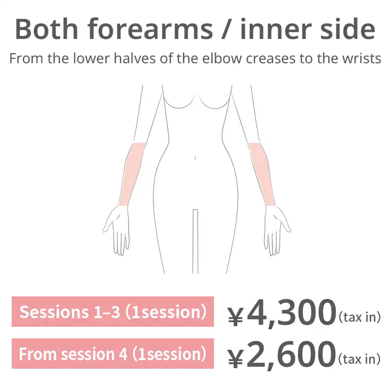 Forearms — inner side. From the lower half of the elbow creases to the wrists. Sessions 1–3: JPY 4,300 per session (tax included) From session 4: JPY 2,600 per session (tax included)