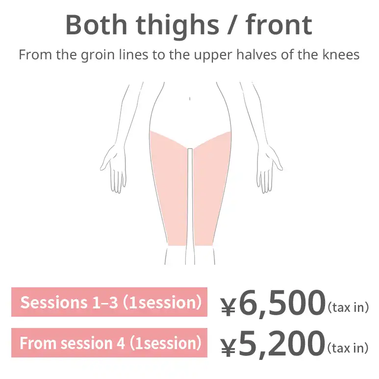 Thighs — front. From the groin line to the upper half of the knees. Sessions 1–3: JPY 6,500 per session (tax included) From session 4: JPY 5,200 per session (tax included)