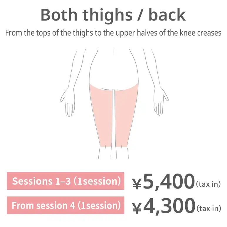 Thighs — back. From the upper thighs to the upper half of the knee creases. Sessions 1–3: JPY 5,400 per session (tax included) From session 4: JPY 4,300 per session (tax included)