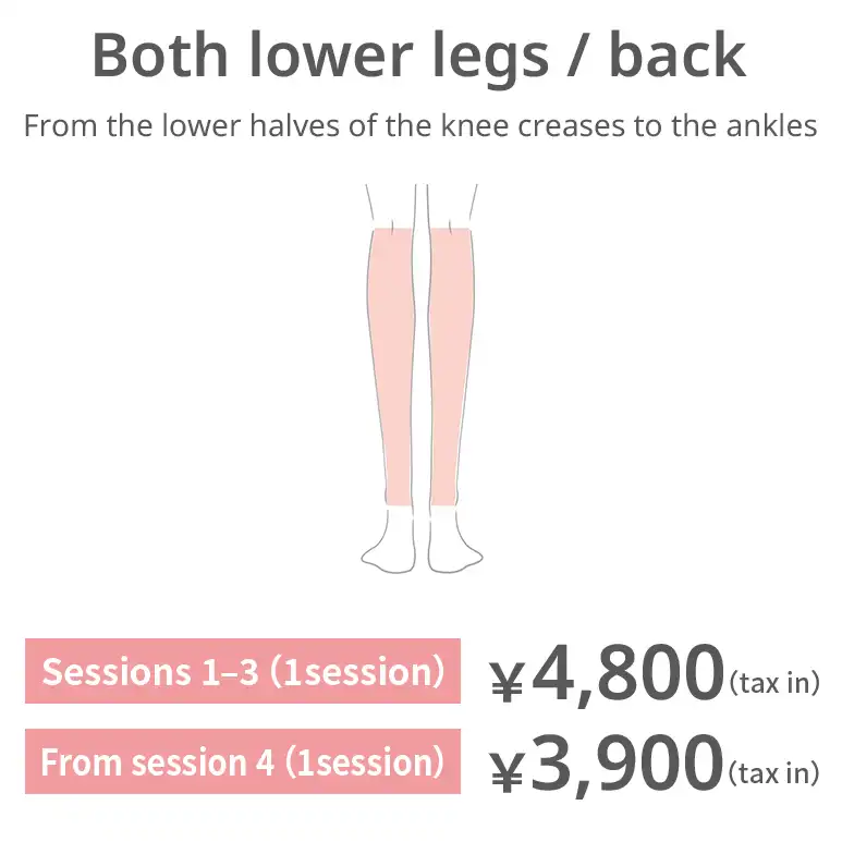 Lower legs — back. From the lower half of the knee creases to the ankles. Sessions 1–3: JPY 4,800 per session (tax included) From session 4: JPY 3,900 per session (tax included)