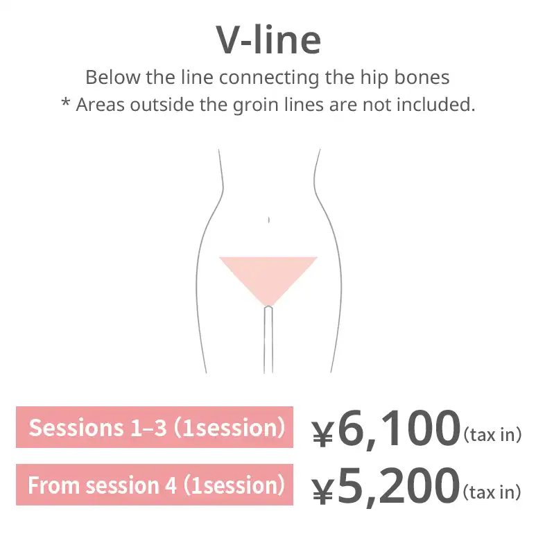 V-line (bikini area). Below the line connecting the iliac crests. Areas outside the groin lines are excluded. Sessions 1–3: JPY 6,100 per session (tax included) From session 4: JPY 5,200 per session (tax included)