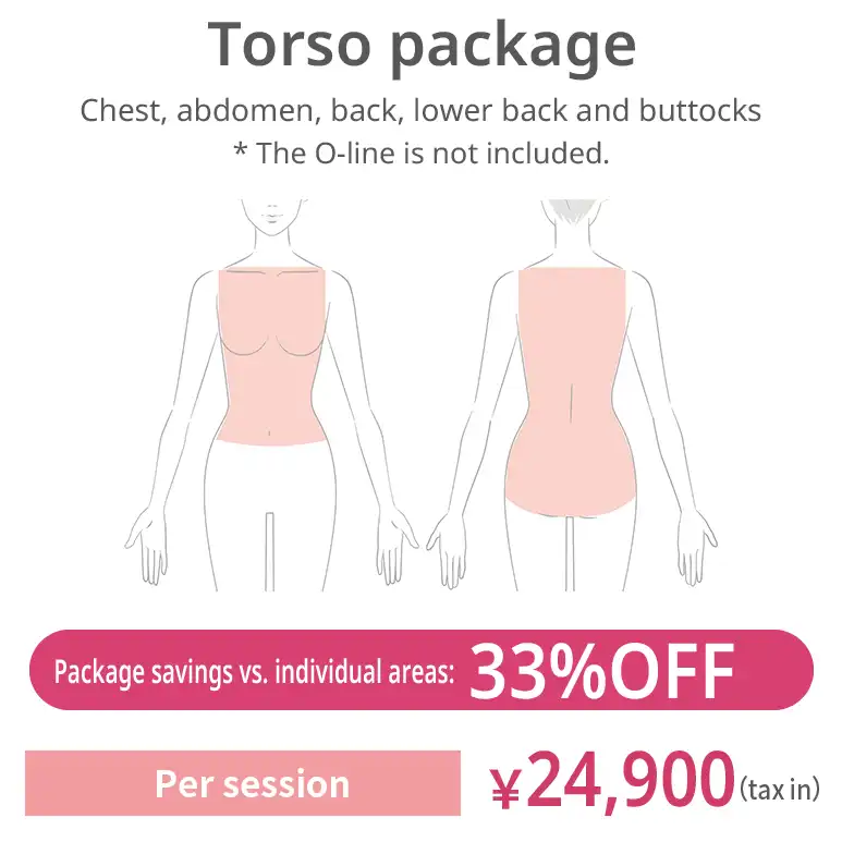 Torso package. Chest, abdomen, upper back, lower back and buttocks. The O-line is excluded. JPY 24,900 per session (tax included) 33% off compared with individual areas