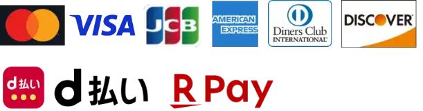 Mastercard, Visa, JCB, American Express, Diners Club, Discover, d Payment, Rakuten Pay