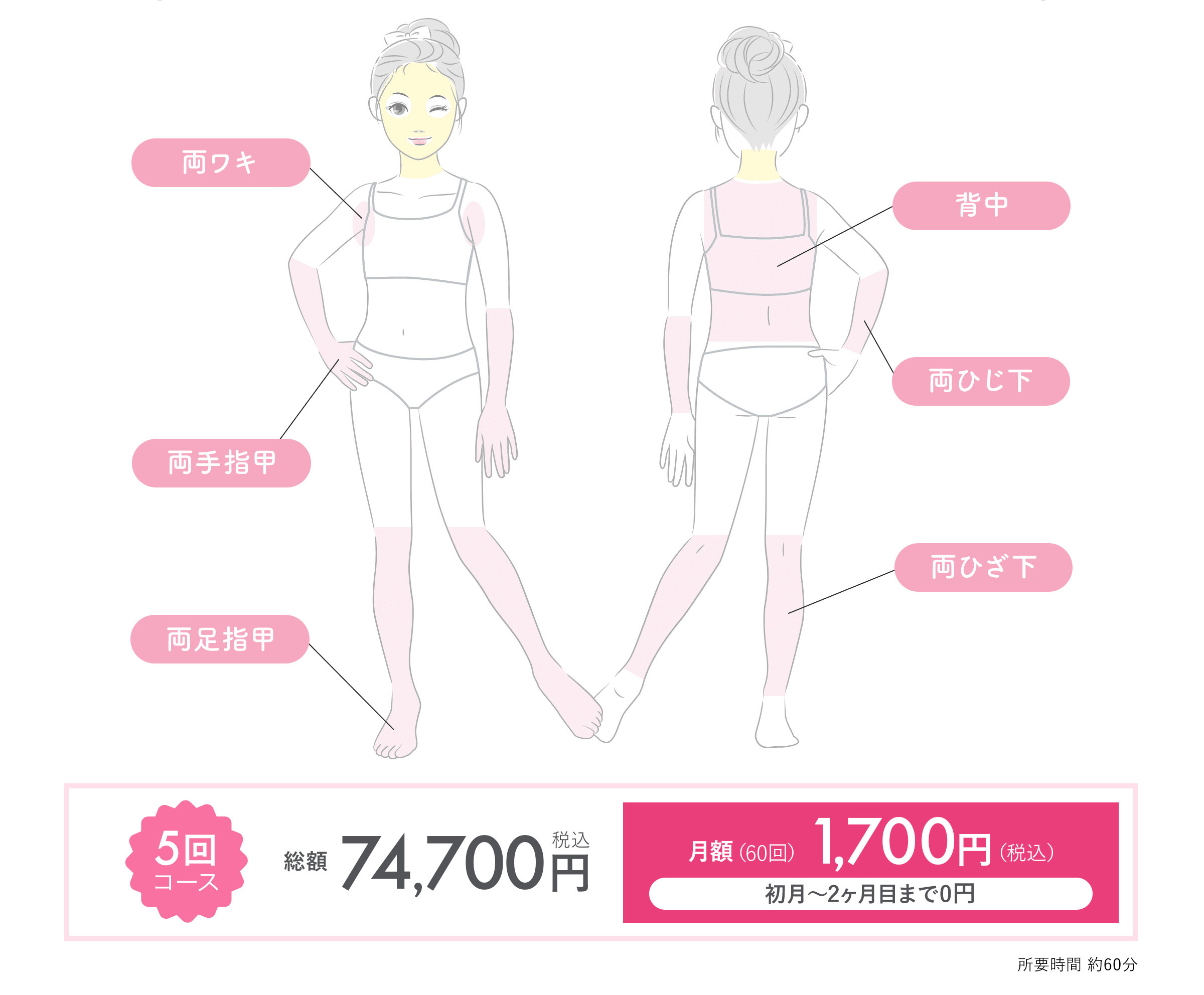 見えるとこ全部！全身医療脱毛コース 両ワキ 両手指甲 両足指甲 背中 両ひじ下 両ひざ下 5回コース 49,300円 税込 月額（18回）3,000円 （税込）初月〜2ヶ月目まで0円 所要時間 約60分
